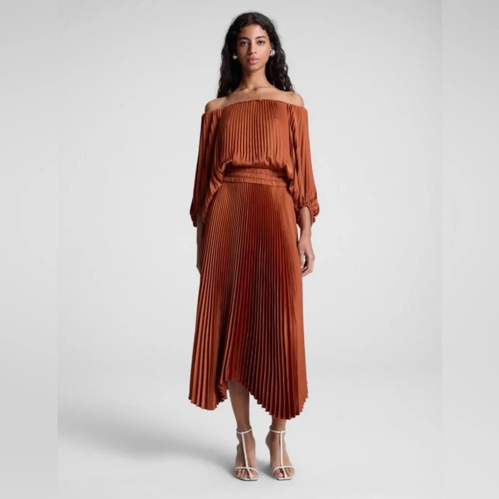 A.L.C. Sienna Satin Pleated‎ Off Shoulder Midi Dress, Red Rock, Size 8, NWOT